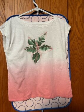 Talbots White-to-Pink Ombre Tee with Green Leaf Motif